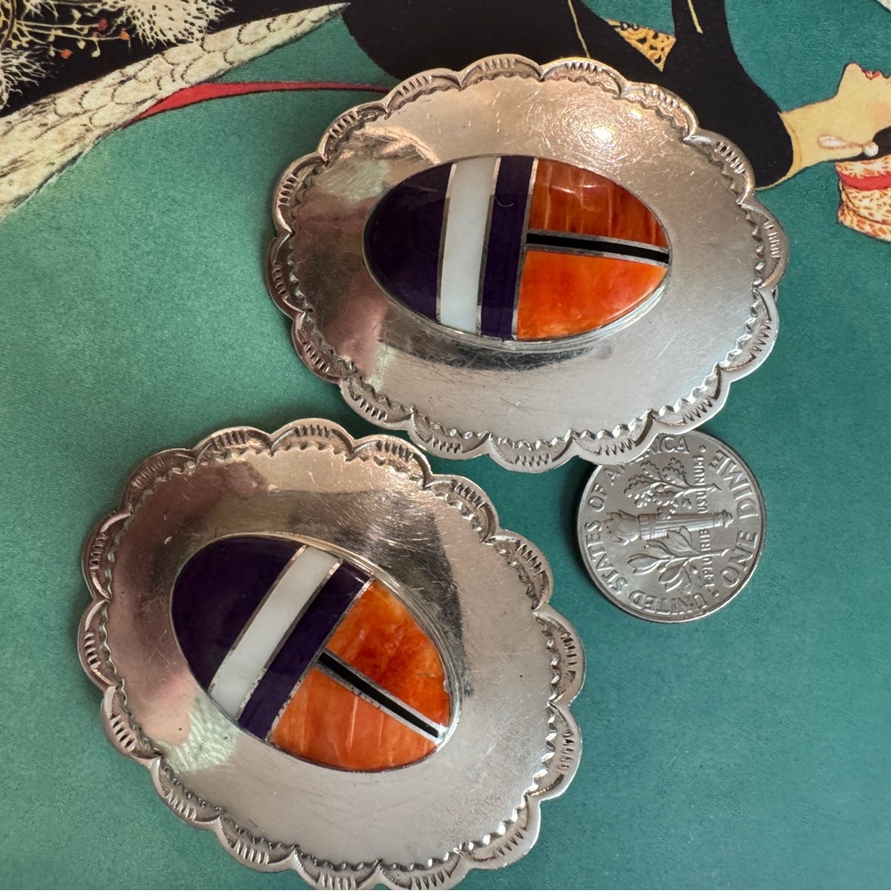 Vintage Native American sterling Silver Earrings large old pawn inlay navajo